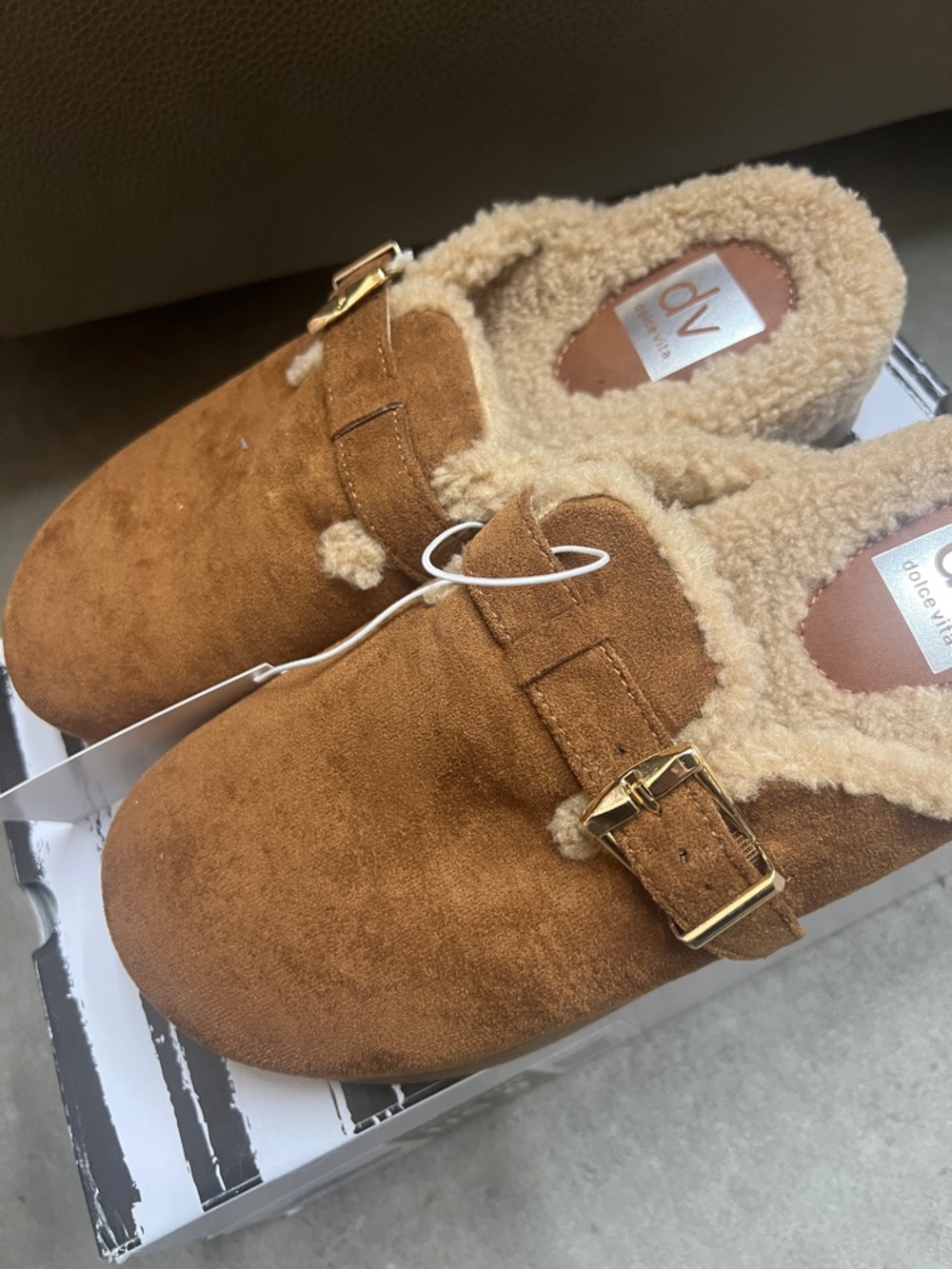 Dolce Vita Chestnut Suede Shearling-Lined Buckle Mules - Picture 2 of 5